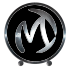 Logotipo círculo negro con las iniciales de la compañía en color metálico, con dos ruedas