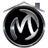 Logotipo círculo negro con las iniciales de la compañía en color metálico, tipo hogar con chimenea